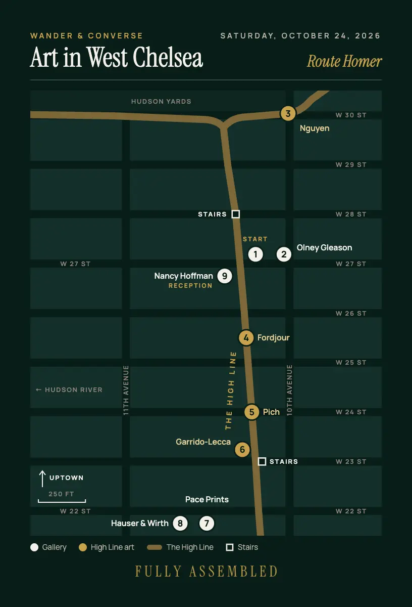 Map of Route Homer through West Chelsea and the High Line, showing nine numbered stops